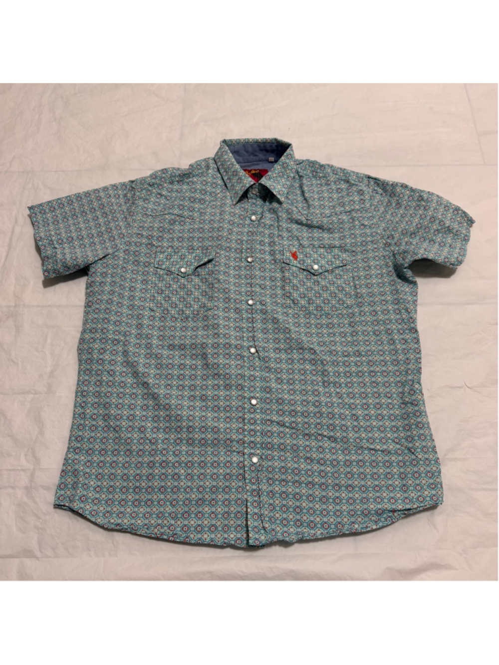 Rodeo Clothing Co. Men’s Light Blue Red Pattern Pearl Snap Shirt Size L